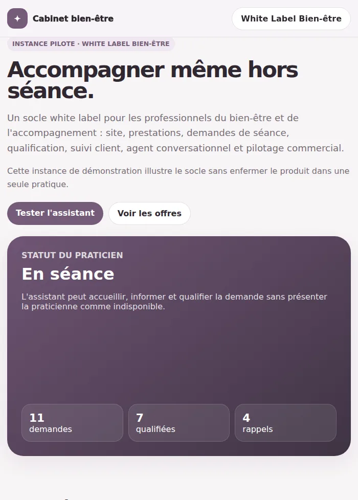 Capture de l’instance pilote White Label Bien-être (White Label Bien-être), exemple de site livré avec la gamme white label TIMOPHOROS