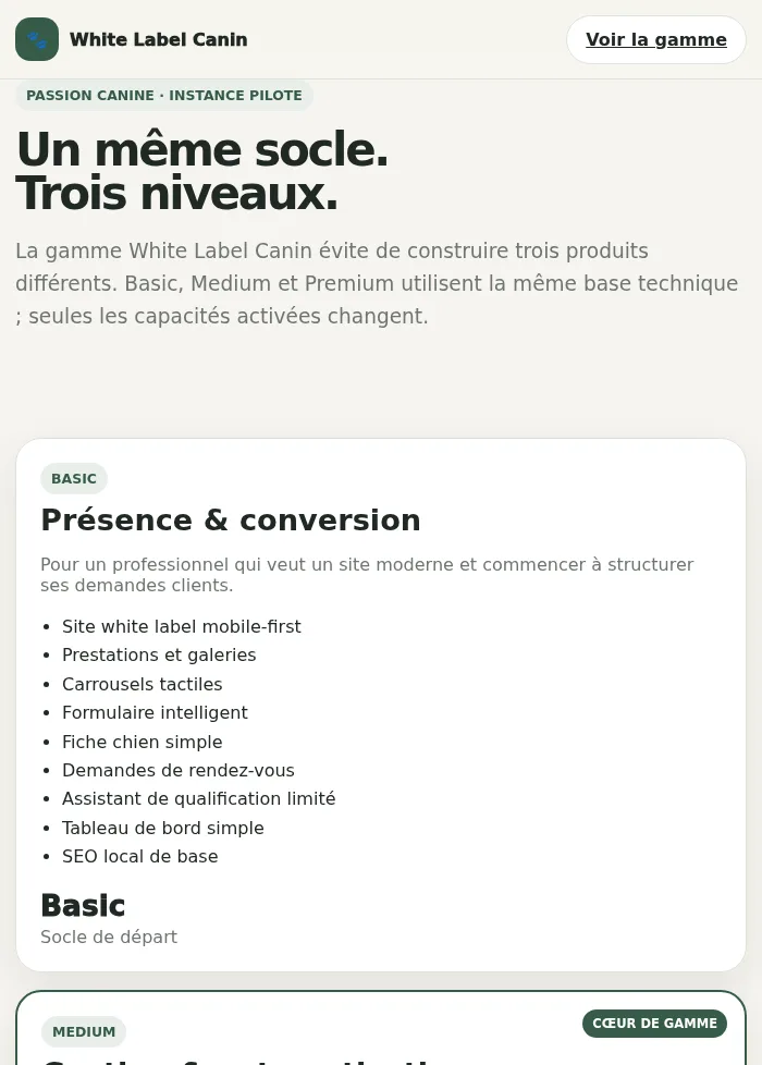 Capture de l’instance pilote White Label Canin, exemple de site livré avec la gamme white label TIMOPHOROS